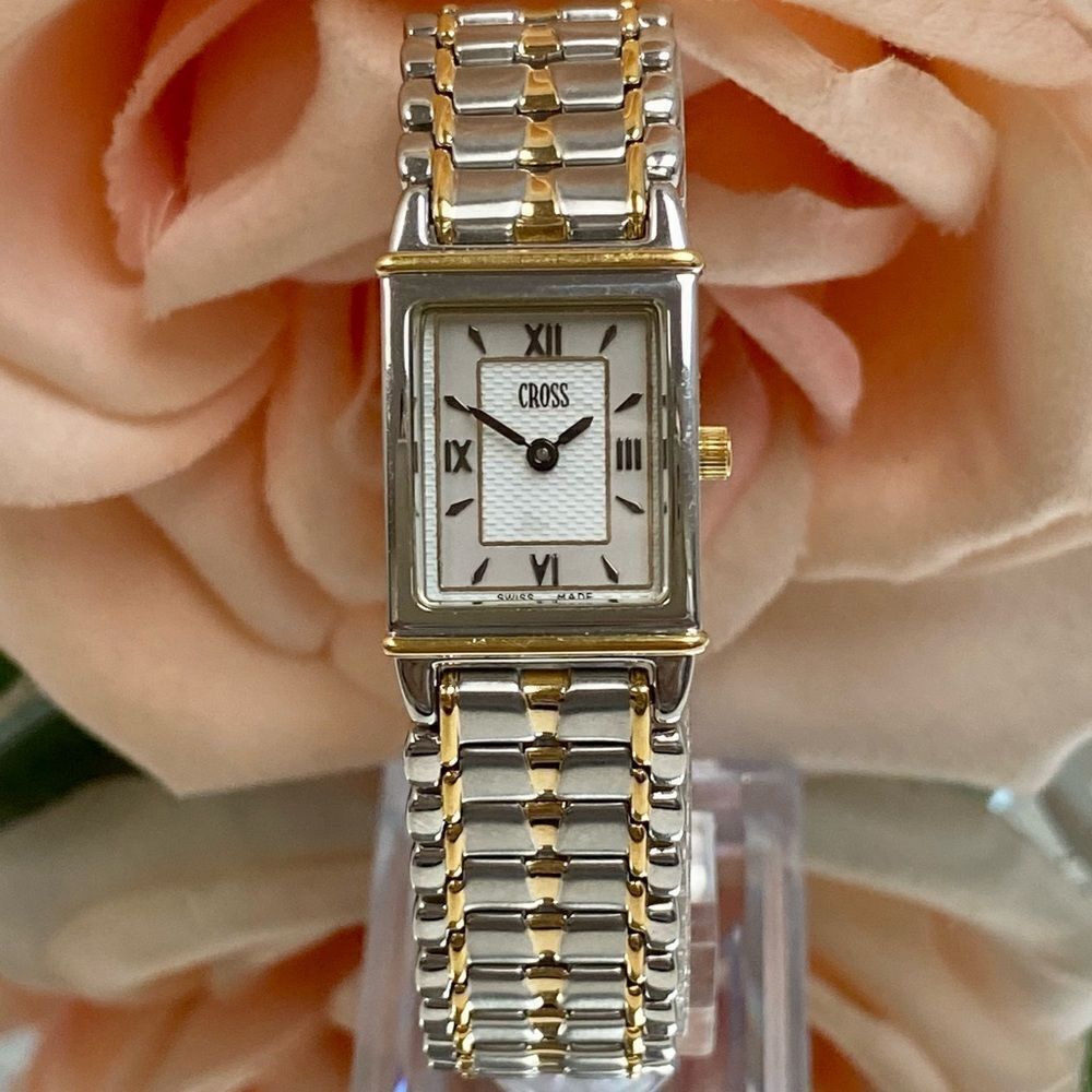 Cross Swiss Made Tank Style Two-Tone Stainless Steel Dress Watch Roman Numerals - Picture 2 of 13